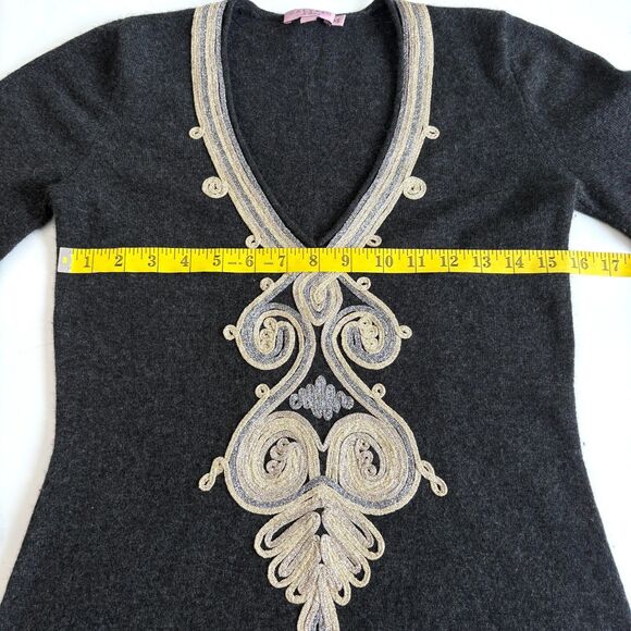 Calypso St. Barth Gray Metallic Ribbon Embroidered Cashmere Bell Sleeve Dress XS - Picture 10 of 11